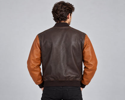 Two tone genuine leather oversized bomber jacket back view with contrasting sleeve design, clean leather finish and ribbed hem