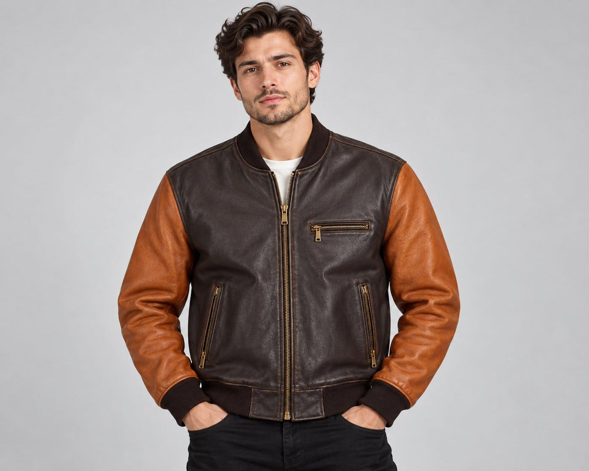 Two tone genuine leather oversized bomber jacket front view with contrast sleeves, ribbed collar, zipper closure and relaxed fit