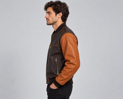 Two tone genuine leather oversized bomber jacket side view showing contrast sleeves, relaxed oversized fit and ribbed cuffs
