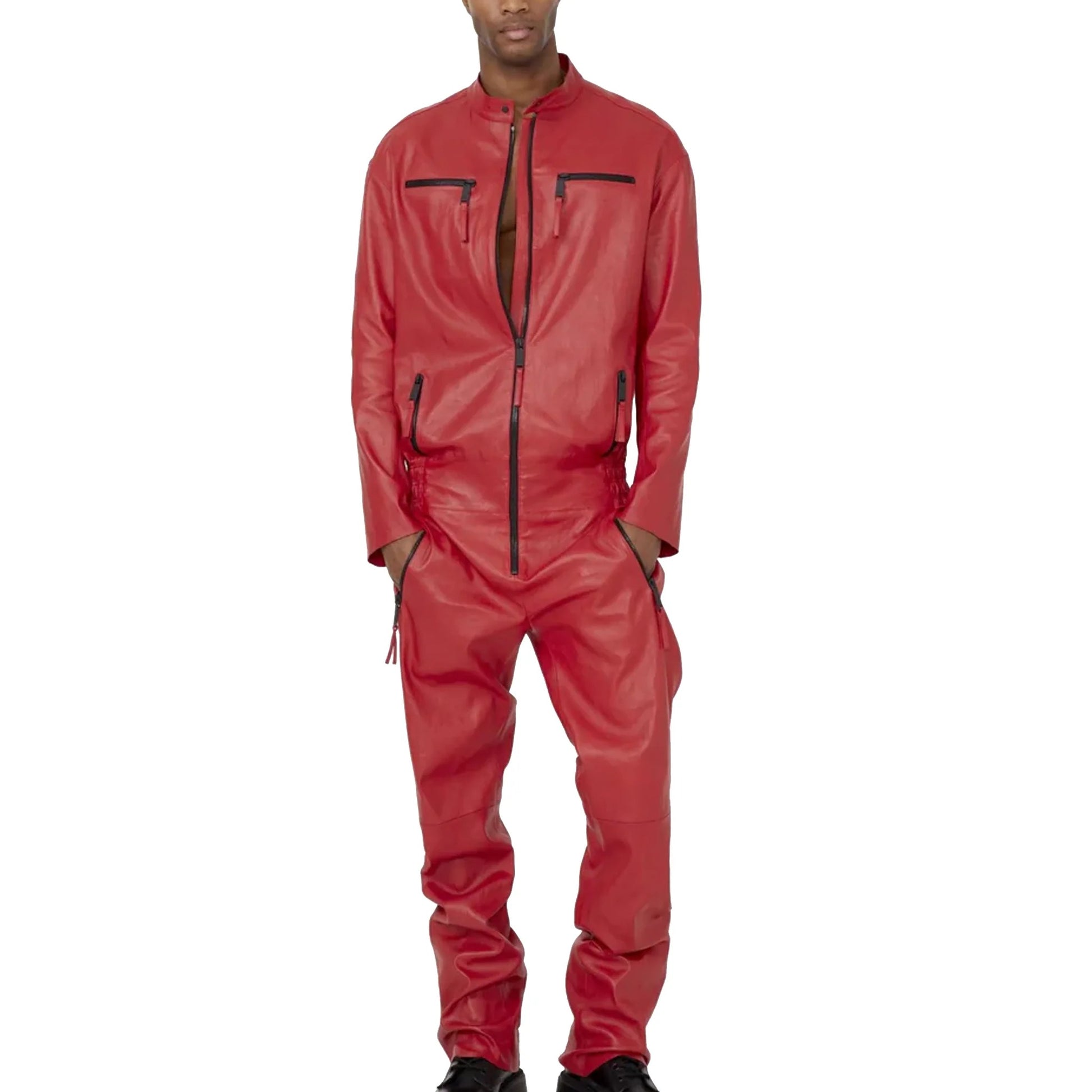 Avanzar Leather Men's Unique Style Red Leather Jumpsuit