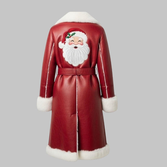 Unisex Handmade Red Leather Santa Jacket with White Shearling Trim