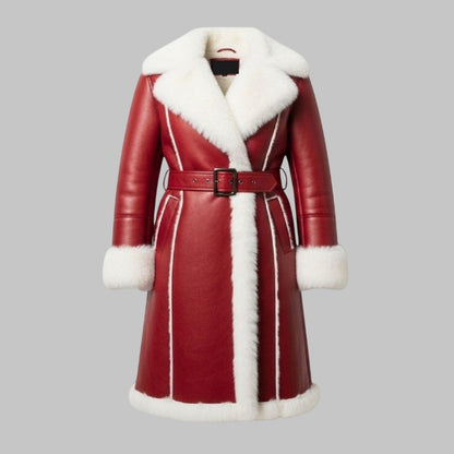 Unisex Handmade Red Leather Santa Jacket with White Shearling Trim
