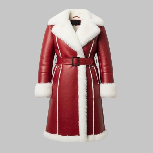 Unisex Handmade Red Leather Santa Jacket with White Shearling Trim