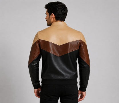 Upgrade Your Look With A Men Three Tone Leather Bomber Jacket back view by avanzar leather