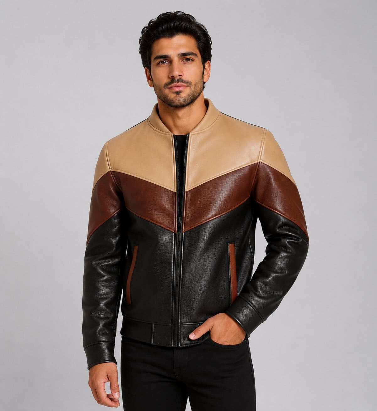 Upgrade Your Look With A Men Three Tone Leather Bomber Jacket front view by avanzar leather