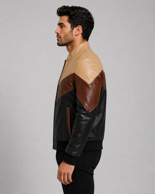 Upgrade Your Look With A Men Three Tone Leather Bomber Jacket sid view by avanzar leather