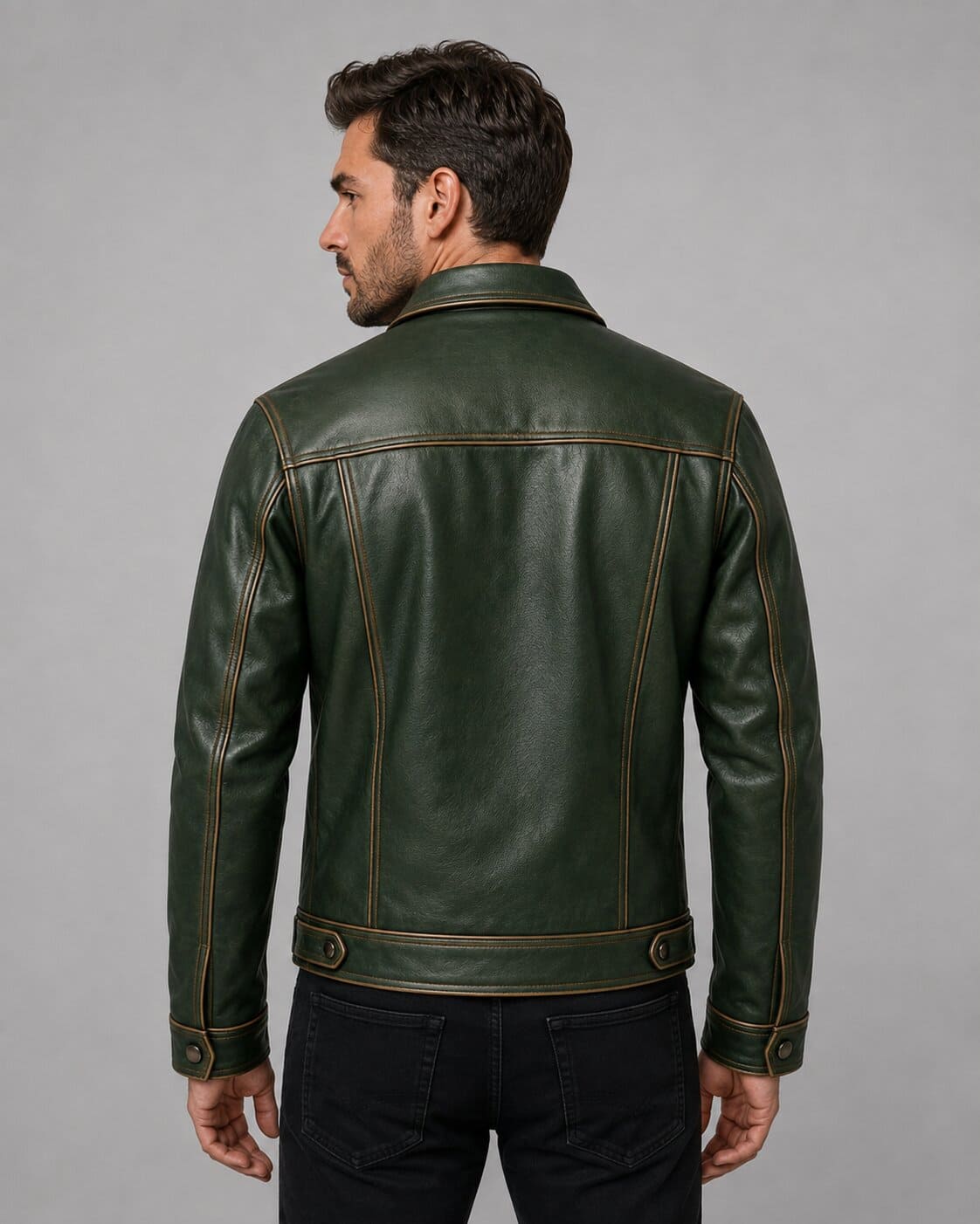 Upgrade Your Wardrobe With A Men Forest Green Leather Trucker Jacket back view by avanzar leather