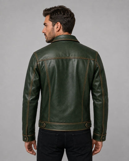 Upgrade Your Wardrobe With A Men Forest Green Leather Trucker Jacket back view by avanzar leather