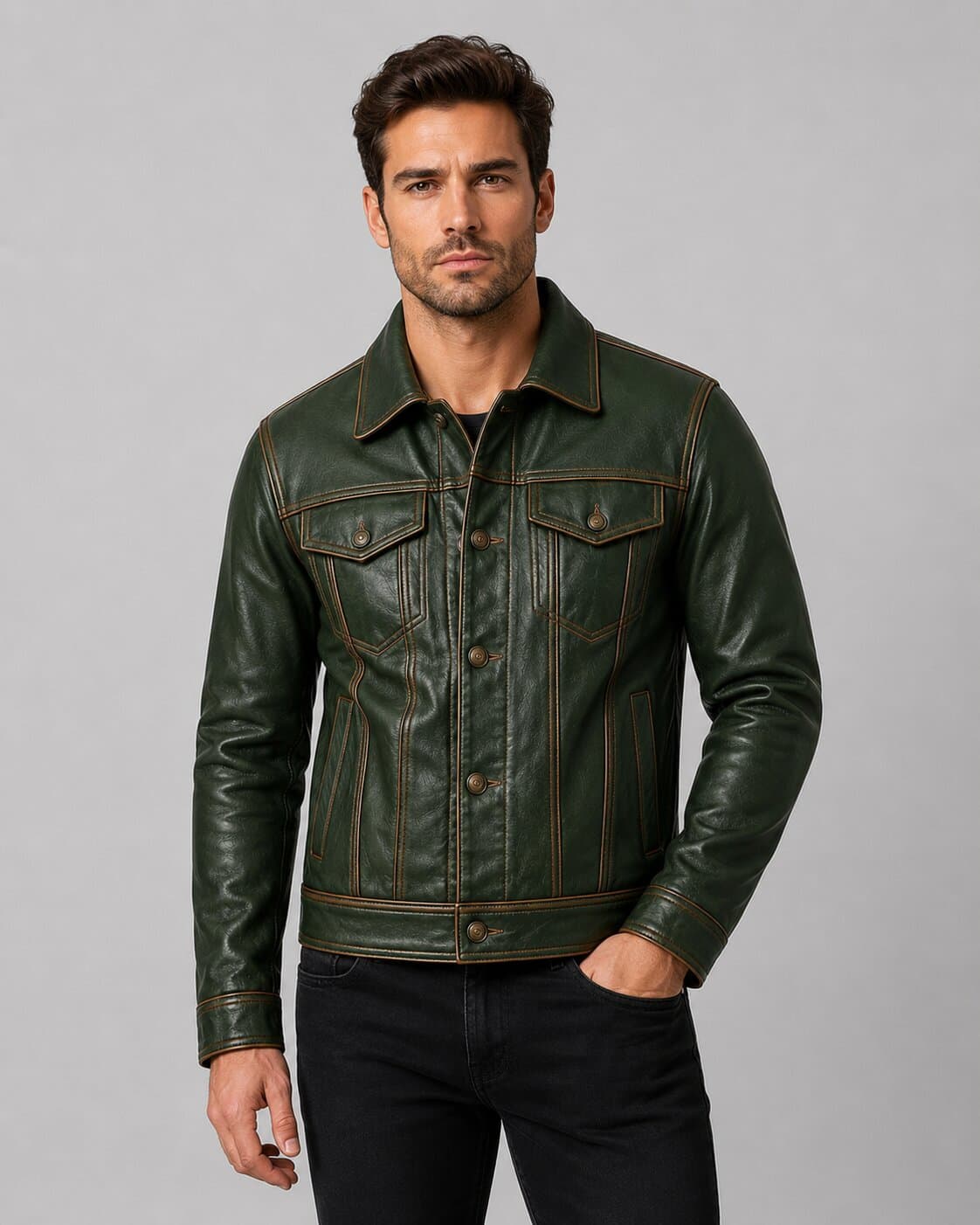 Upgrade Your Wardrobe With A Men Forest Green Leather Trucker Jacket front view by avanzar leather