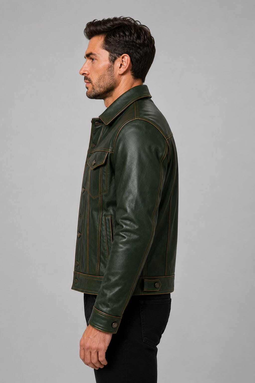 Upgrade Your Wardrobe With A Men Forest Green Leather Trucker Jacket sid view by avanzar leather