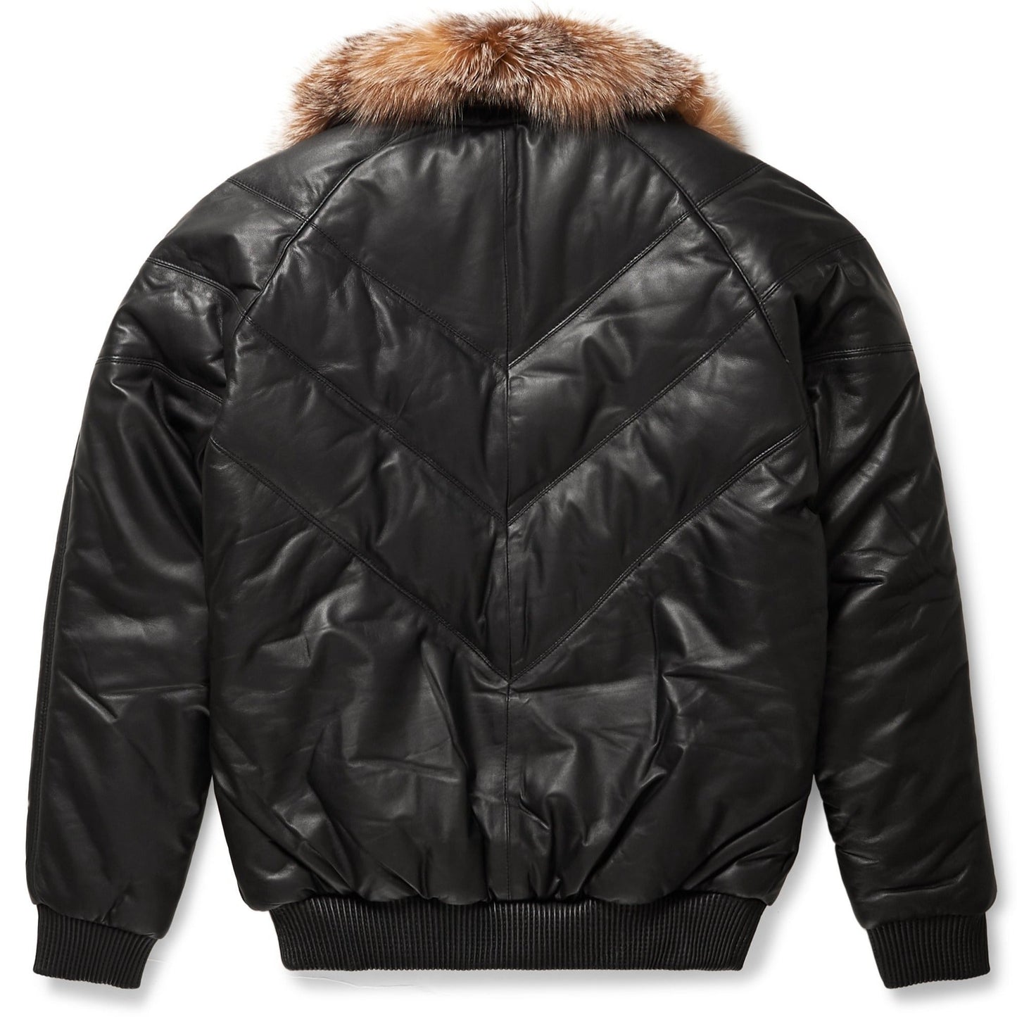 Premium Avanzar Black Leather V-Bomber Jacket with Crystal Fox Fur