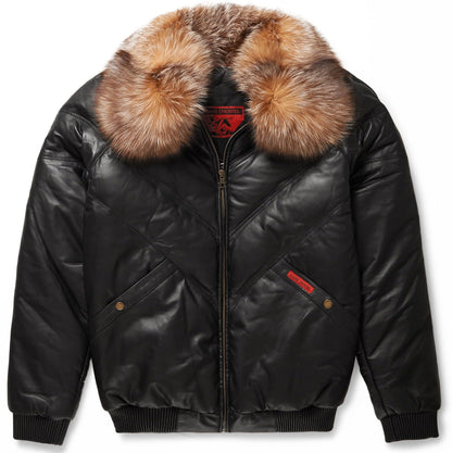 Premium Avanzar Black Leather V-Bomber Jacket with Crystal Fox Fur