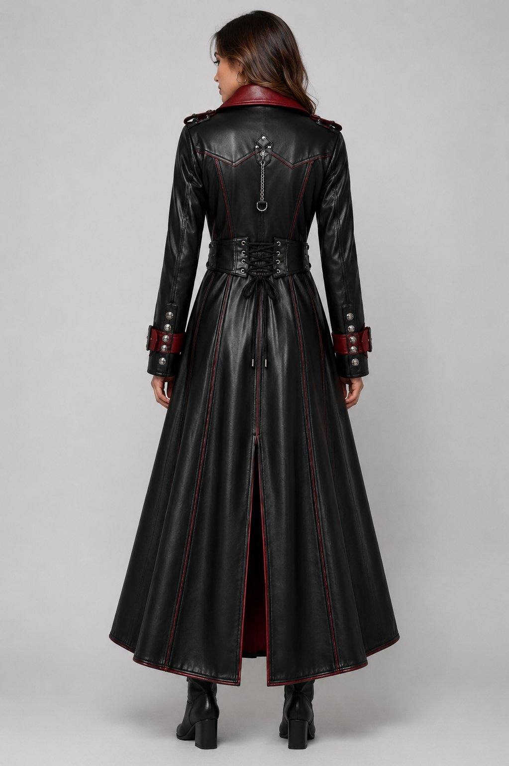 Vampire Leather Coat – Gothic Black & Red Trench Design back view by avanzar leather