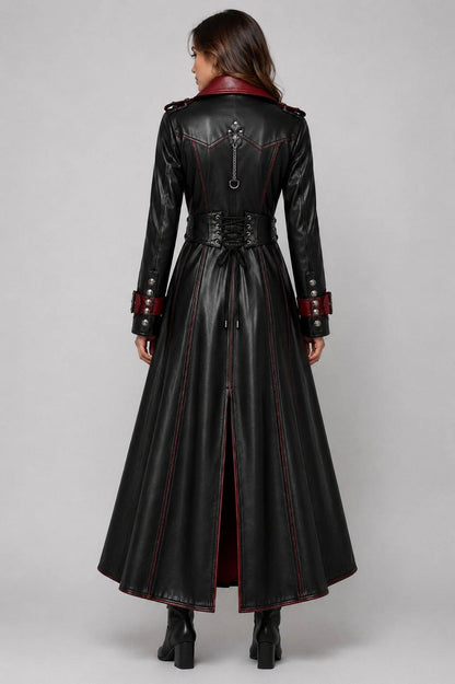 Vampire Leather Coat – Gothic Black & Red Trench Design back view by avanzar leather