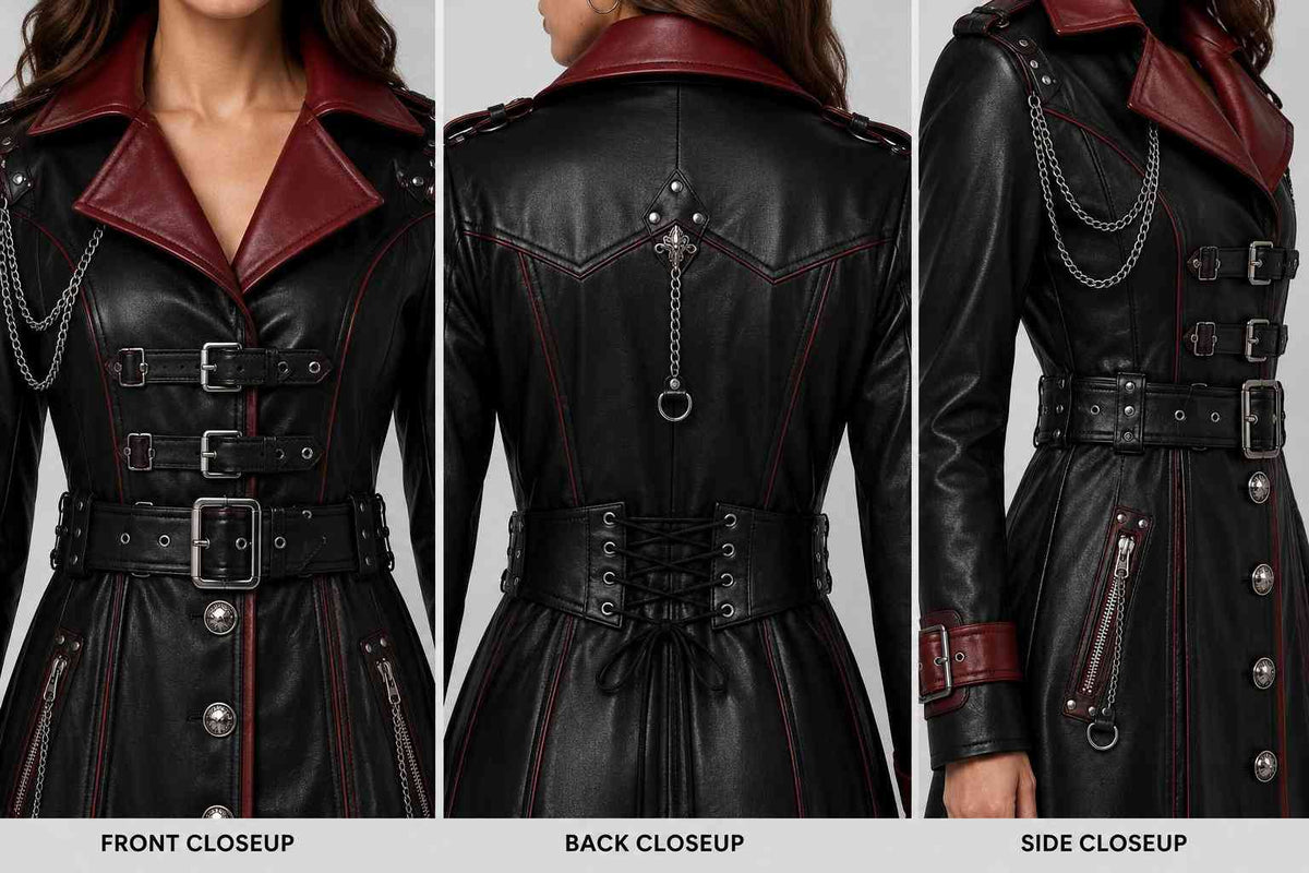 Vampire Leather Coat – Gothic Black & Red Trench Design closeup view by avanzar leather