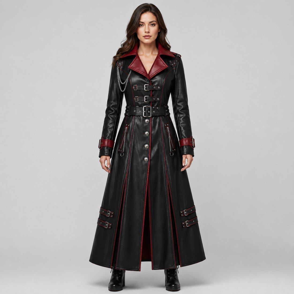 Vampire Leather Coat – Gothic Black & Red Trench Design front view by avanzar leather