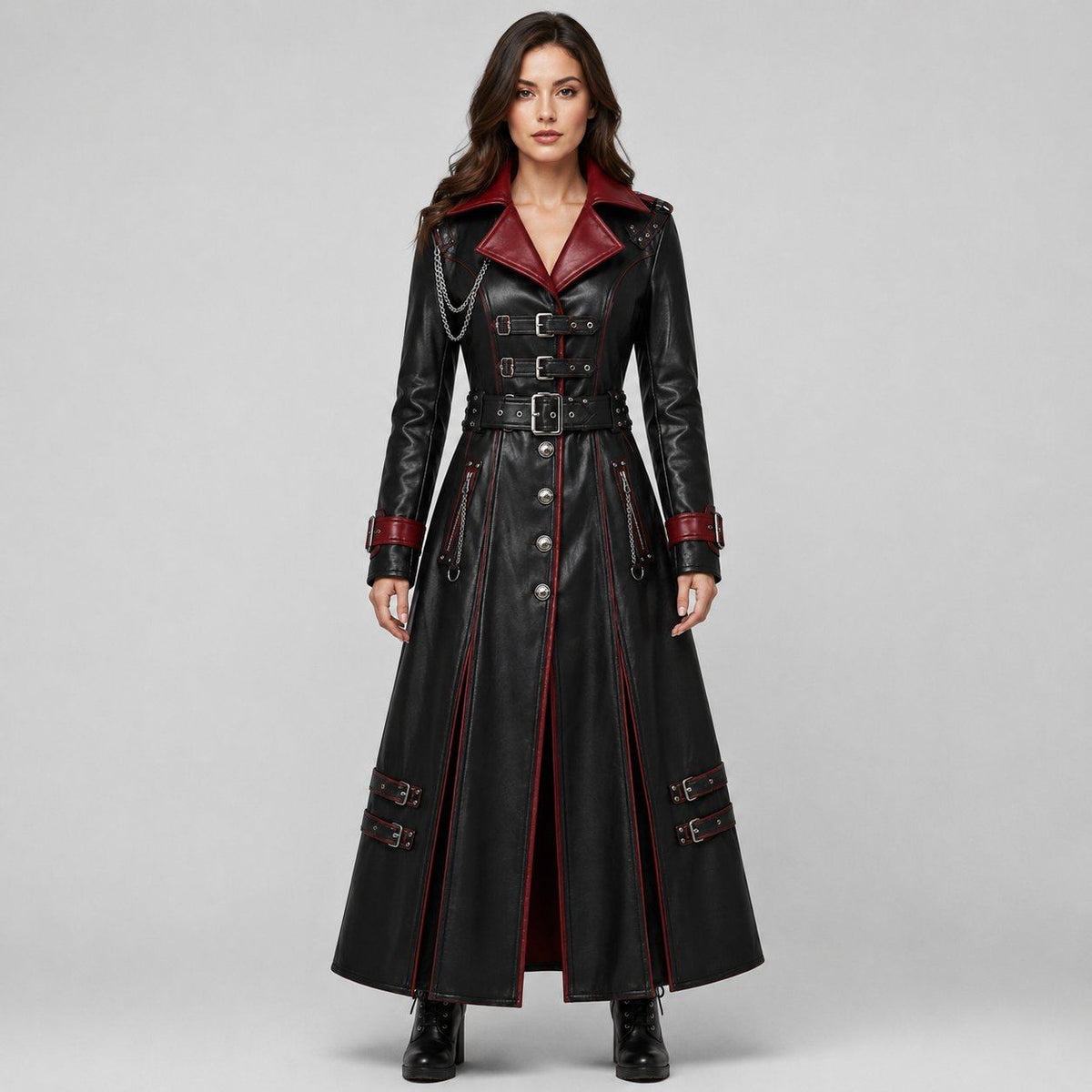 Vampire Leather Coat – Gothic Black & Red Trench Design front view by avanzar leather