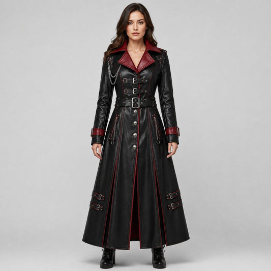 Vampire Leather Coat – Gothic Black & Red Trench Design front view by avanzar leather