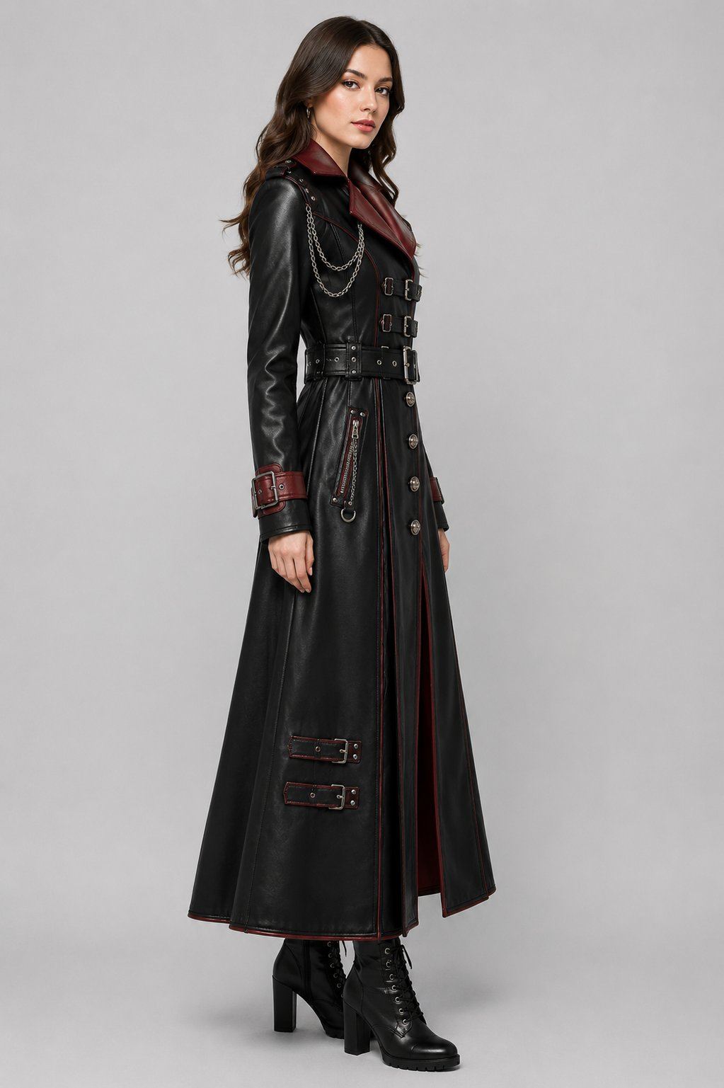 Vampire Leather Coat – Gothic Black & Red Trench Design sid view by avanzar leather