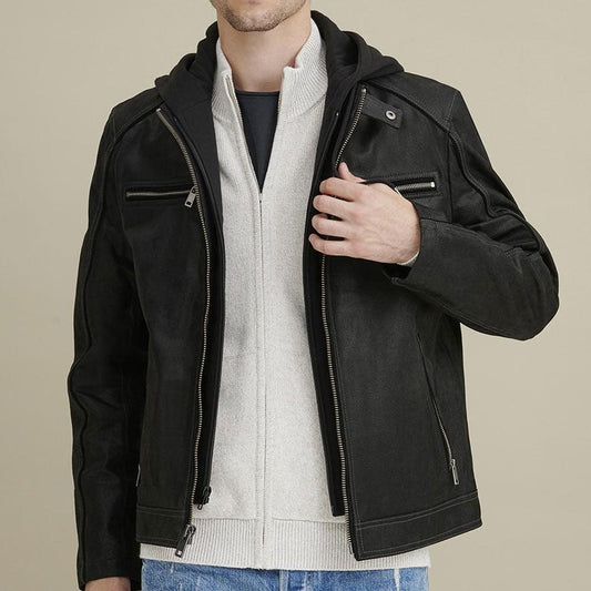 Vintage Hooded Leather Jacket for Men