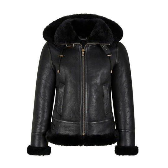 Women's B3 Bomber Hooded Classic Black Shearling Jacket