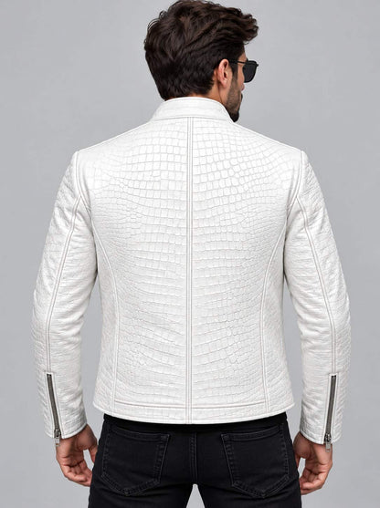 White Crocodile Embossed Leather Jacket for Men back view by avanzar leather