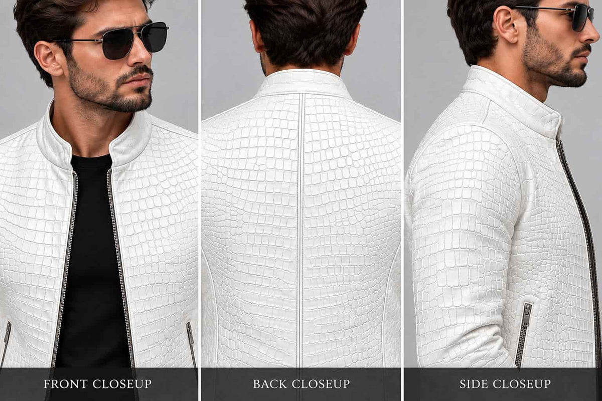 White Crocodile Embossed Leather Jacket for Men closeup view by avanzar leather