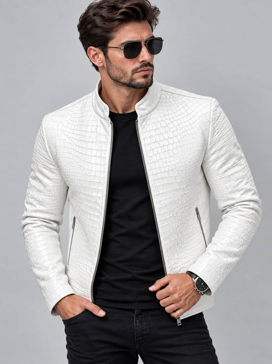 White Crocodile Embossed Leather Jacket for Men front view by avanzar leather