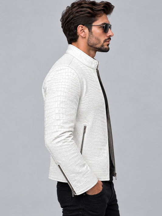 White Crocodile Embossed Leather Jacket for Men sid view by avanzar leather