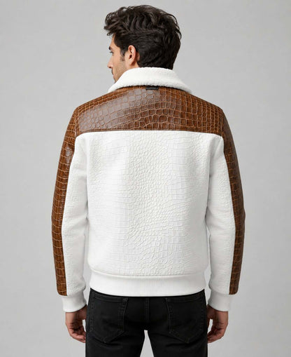 White Crocodile Leather Shearling Aviator Bomber Jacket back view by avanzar leather