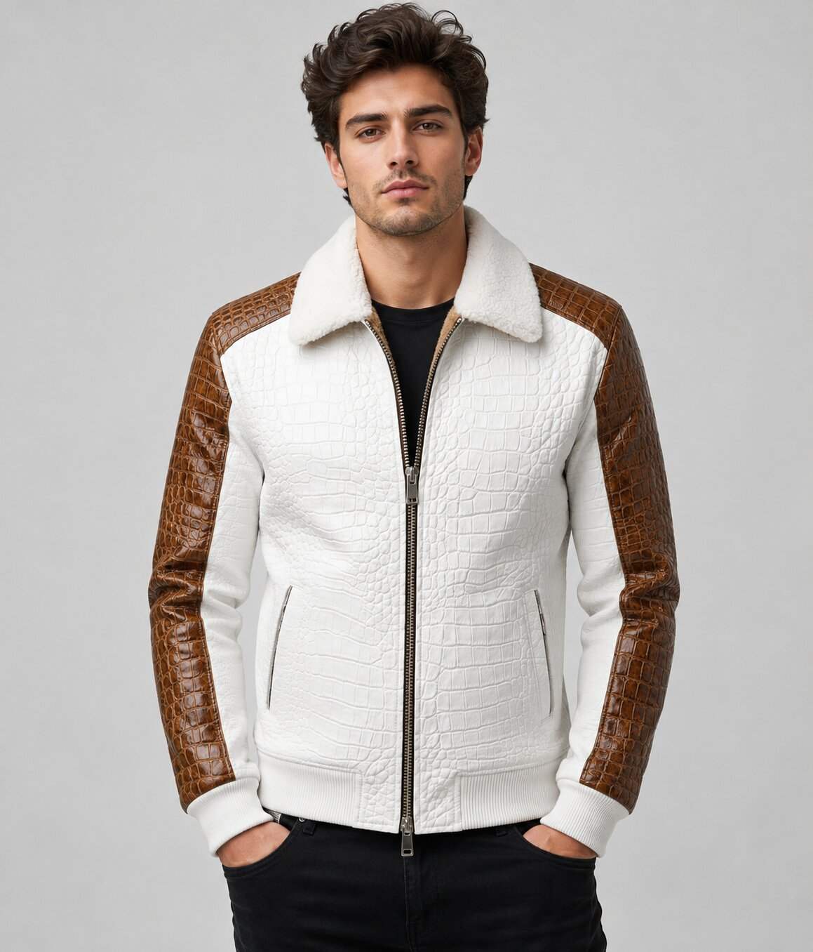 White Crocodile Leather Shearling Aviator Bomber Jacket front view by avanzar leather