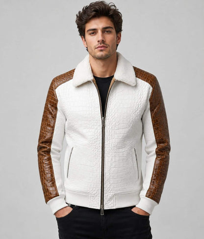 White Crocodile Leather Shearling Aviator Bomber Jacket front view by avanzar leather