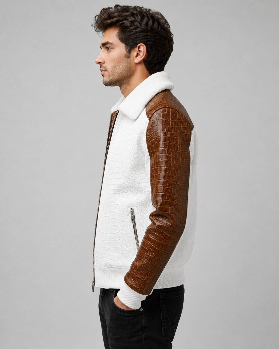 White Crocodile Leather Shearling Aviator Bomber Jacket sid view by avanzar leather