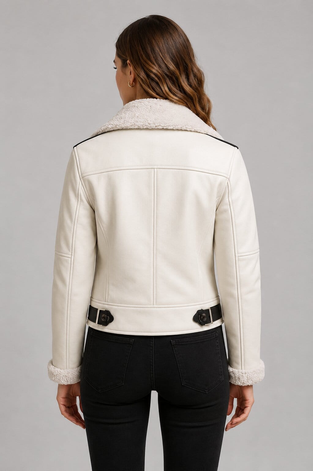 White Sheepskin Aviator Jacket - Classic Shearling Bomber Coat back view by avanzar leather