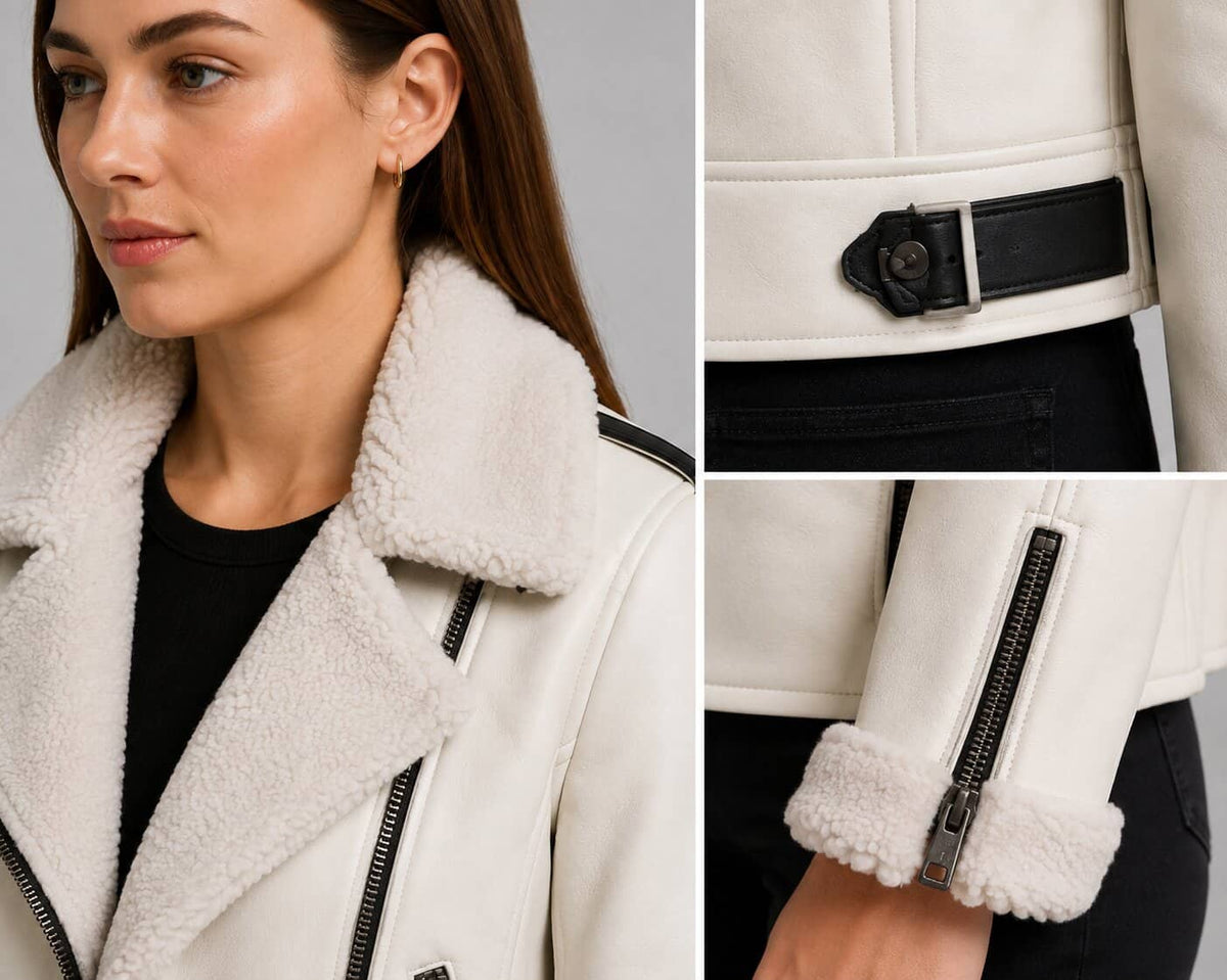 White Sheepskin Aviator Jacket - Classic Shearling Bomber Coat closeup view by avanzar leather