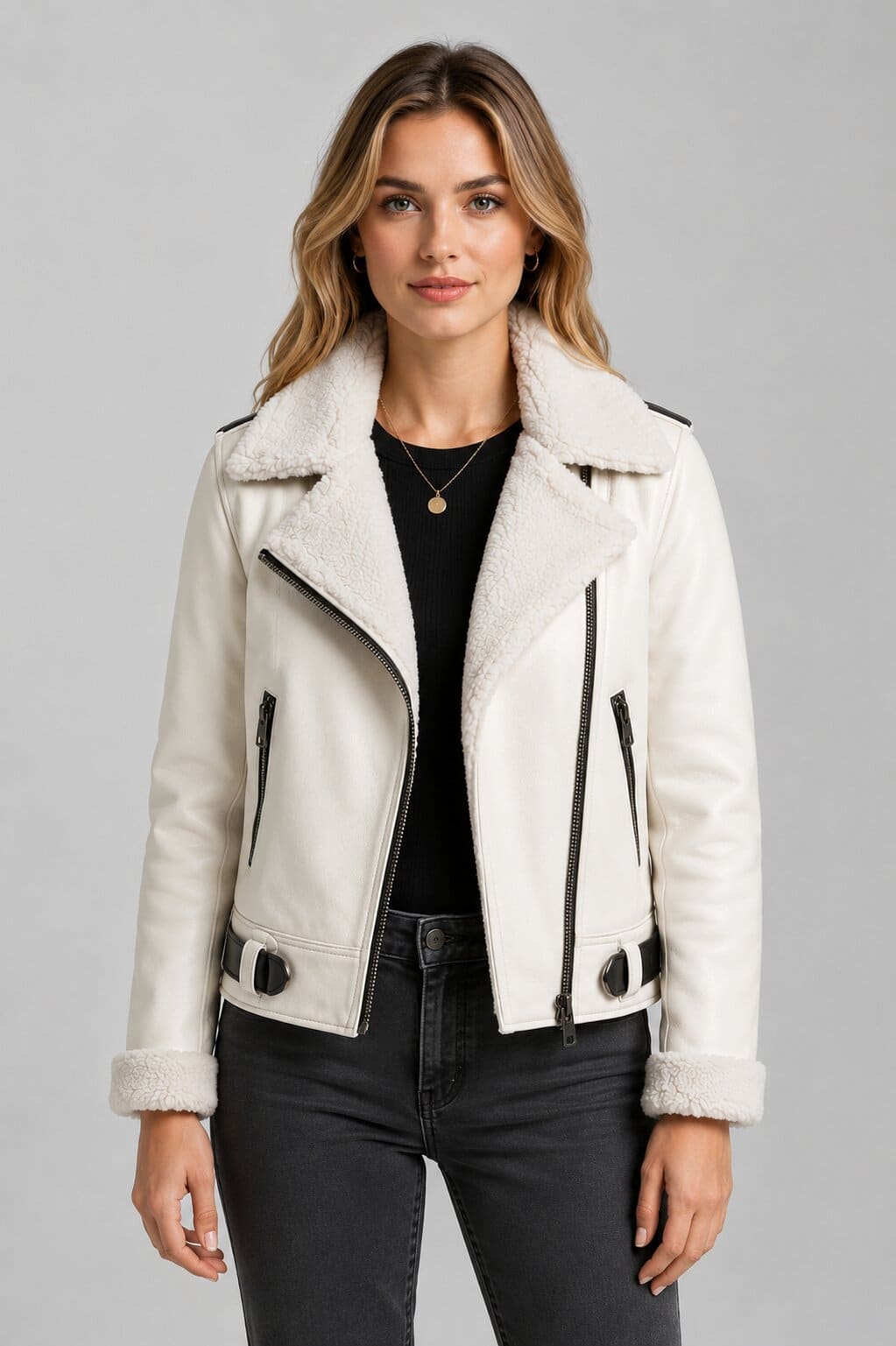 White Sheepskin Aviator Jacket - Classic Shearling Bomber Coat front view by avanzar leather