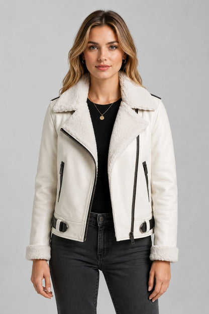 White Sheepskin Aviator Jacket - Classic Shearling Bomber Coat front view by avanzar leather