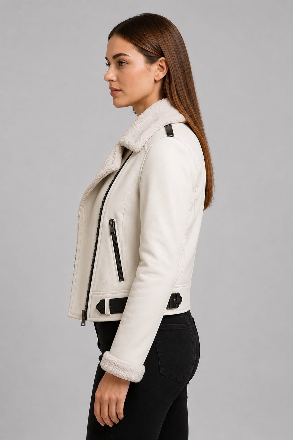 White Sheepskin Aviator Jacket - Classic Shearling Bomber Coat sid view by avanzar leather