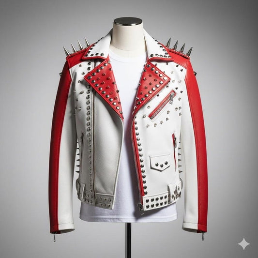 White Red Studded Spiked Leather Biker Jacket