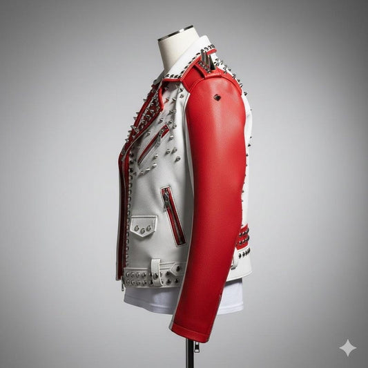 White Red Studded Spiked Leather Biker Jacket