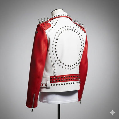 White Red Studded Spiked Leather Biker Jacket
