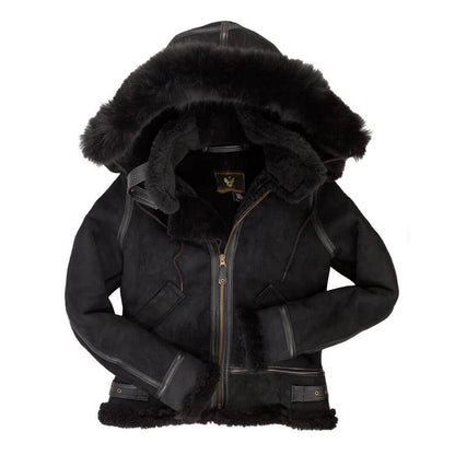 Women’s Hooded B3 Shearling Leather Bomber Jacket - Ultimate Warmth and Style