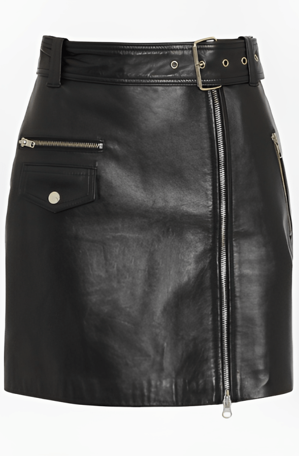 Women's Black Leather Mini Skirt with Belted Waist 