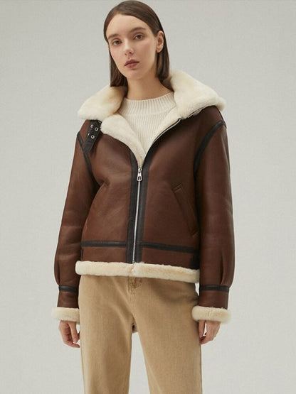 Women's Dark Brown Leather Shearling Jacket with Removable Hood