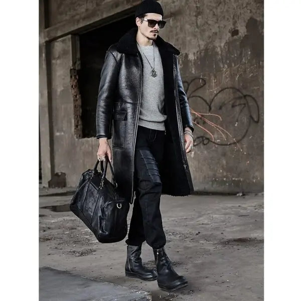 Men's Double Sided Shearling Leather Coat In Black