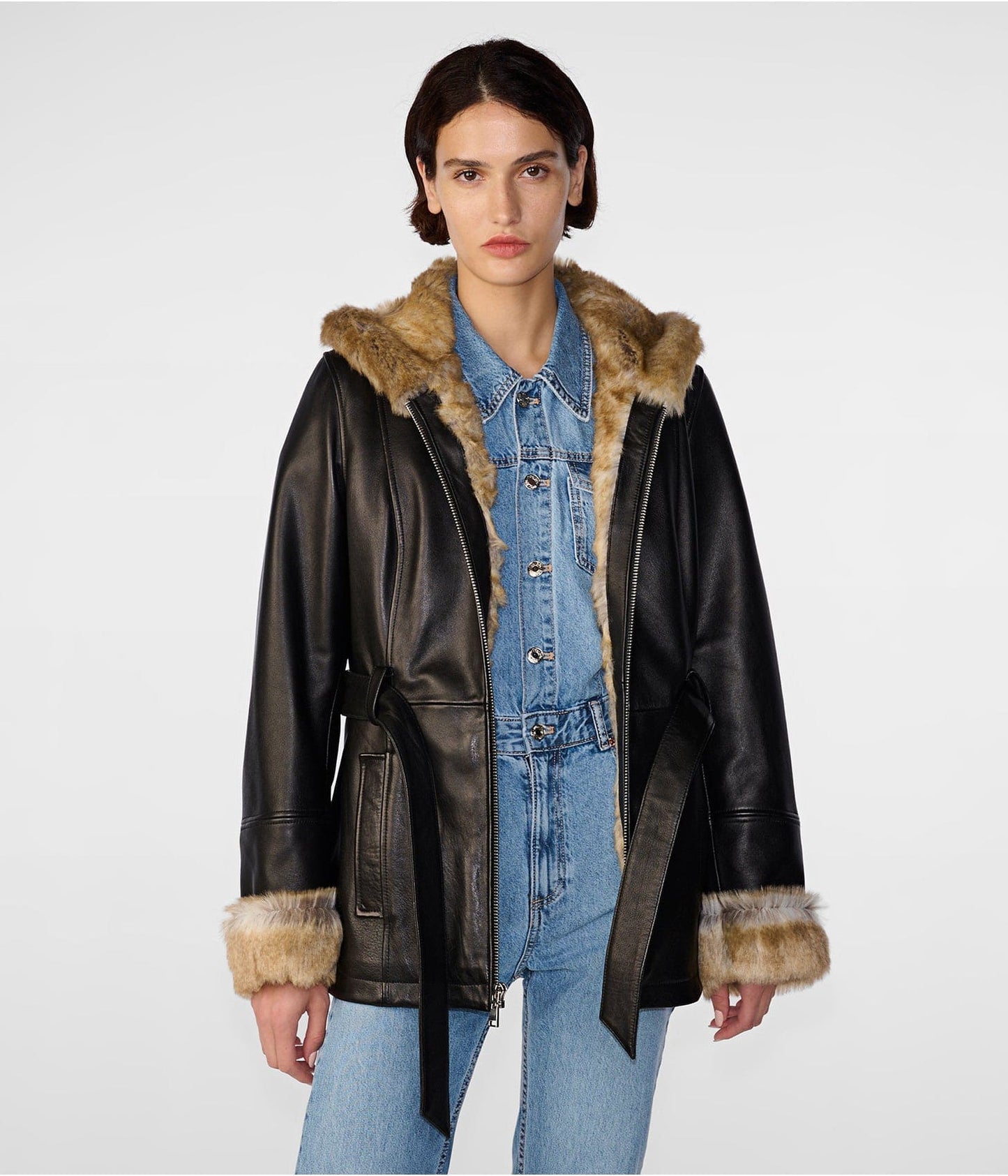 Women's Classic Black Shearling Leather Jacket - Timeless Elegance and Warmth