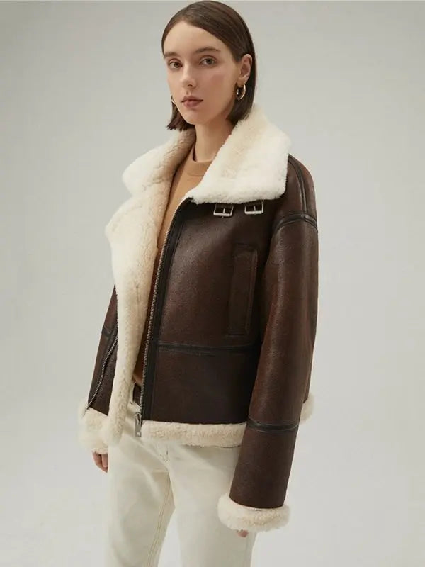 Women's Dark Brown Shearling Leather Jacket - Luxurious and Warm