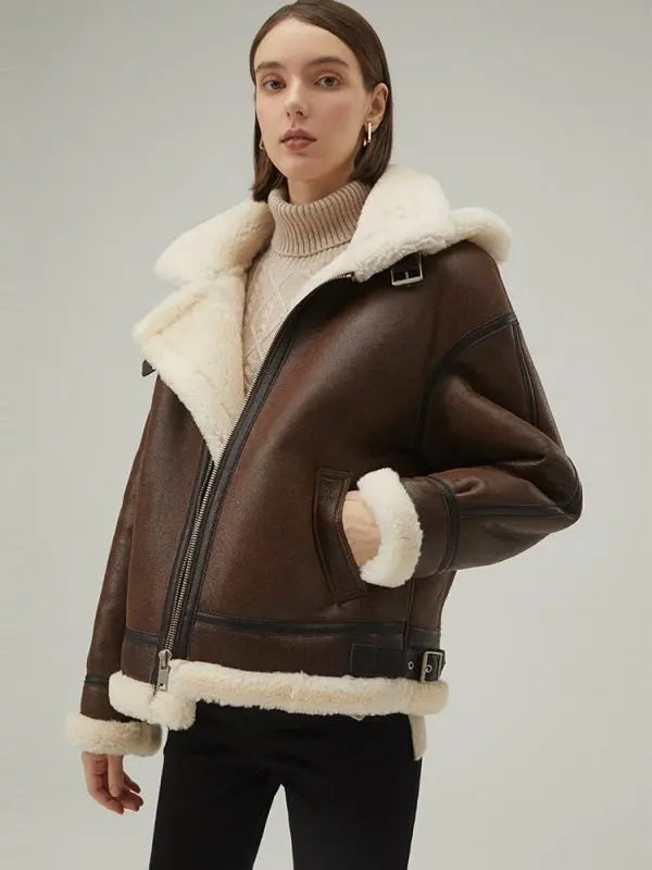 Women's Dark Brown Shearling Leather Jacket with Removable Hood