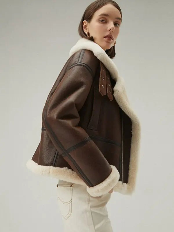 Women's Dark Brown Shearling Leather Jacket - Luxurious and Warm