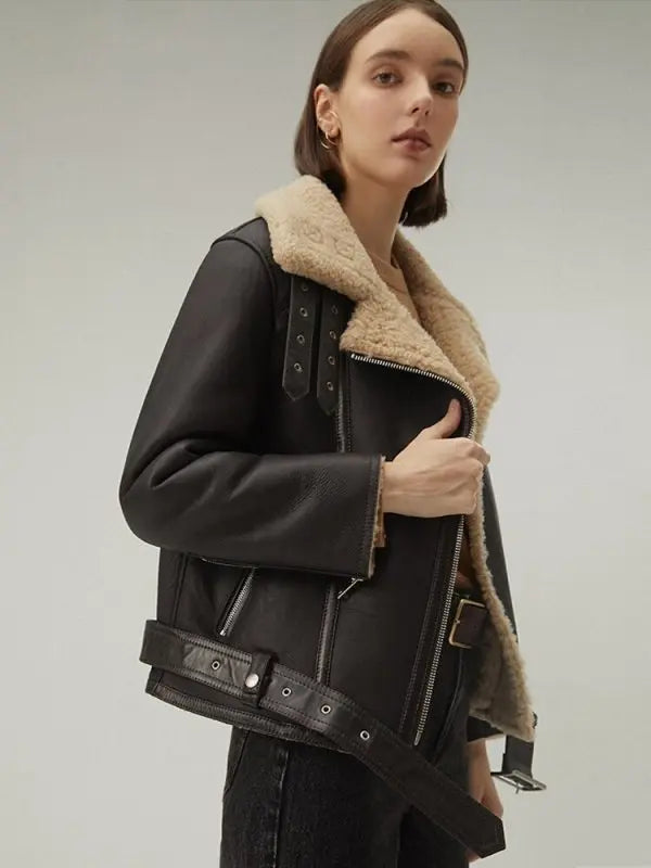 Women's Matte Black Leather Shearling Jacket